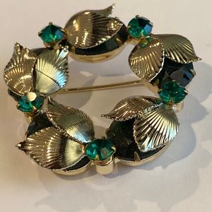 Vintage Green Rhinestone Floral Wreath Silver Metal Flowers Art Deco Leaves